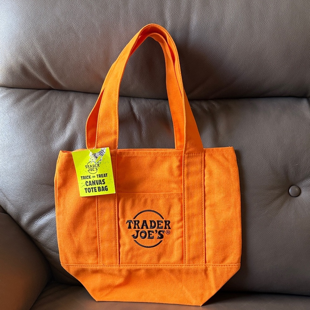 Traders Joes Orange with Black Lettering Trick OR Treat Canvas Tote Bag NEW